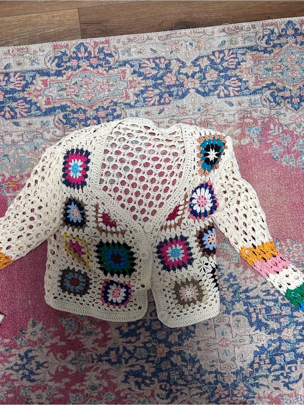 Crochet Granny Square Cardigan — Cream with Multicolor Accents
